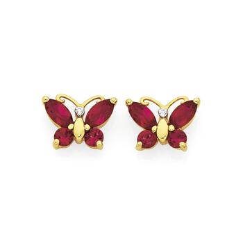 9ct Gold Created Ruby & Diamond Butterfly Stud Earrings