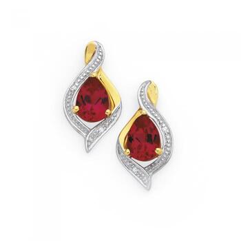 9ct Gold Created Ruby & Diamond Pear Swirl Stud Earrings