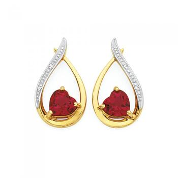 9ct Gold Created Ruby & Diamond Heart in Loop Stud Drop Earrings