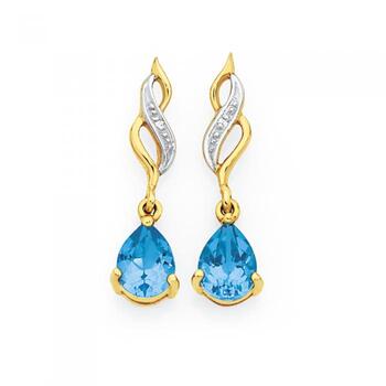 9ct Gold Blue Topaz & Diamond Pear Twist Drop Earrings