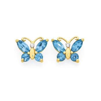 9ct Gold Blue Topaz & Diamond Butterfly Stud Earrings