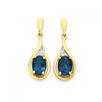 9ct Gold Blue Topaz & Diamond Oval Swirl Drop Stud Earrings