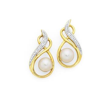 9ct Gold Cultured Fresh Water Pearl & Diamond Swirl Earrings