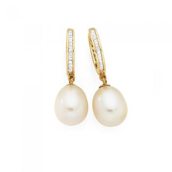 9ct Gold Pearl & Diamond Hoop Drop Earrings