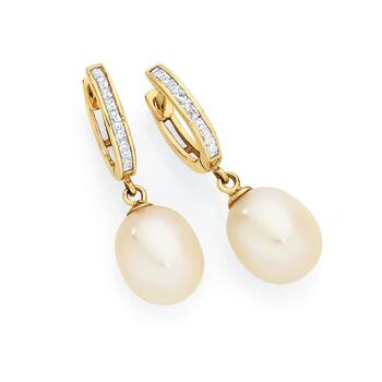 9ct Gold Pearl & CZ Drop Earrings