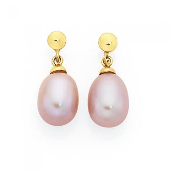 9ct Gold Pink Cultured Freshwater Pearl Tear Drop Stud Earrings