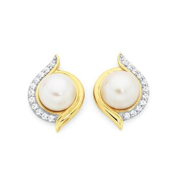 9ct Gold Cultured Freshwater Pearl & Cubic Zirconia Swirl Stud Earrings