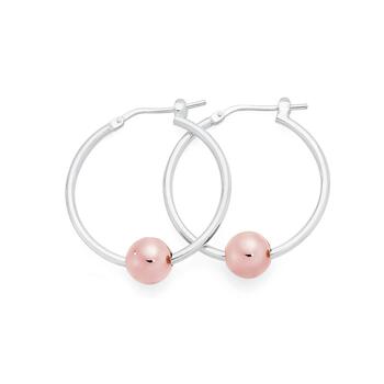 Silver 25mm Fine Tube Hoops With Rose Plate Ball Earrings