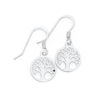 Silver Round Tree Of Life Drop Earrings