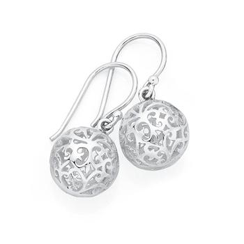 Silver Round Filigree Ball Hook Earrings