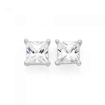 Silver 5mm Cubic Zirconia Square Stud Earrings