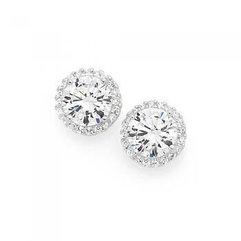 Silver Cubic Zirconia Round Cluster Stud Earrings