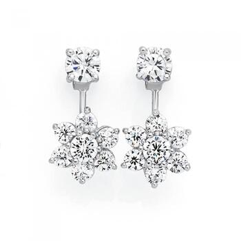 Silver Double Flower Cubic Zirconia Stud Earrings