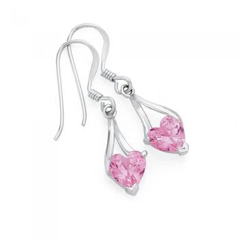 Silver Pink Cubic Zirconia Heart Wishbone Hook Earrings