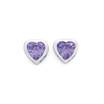 Silver Purple CZ Heart Stud Earrings