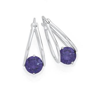 Silver Purple Cubic Zirconia Double Loop Suspended Earrings