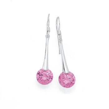 Silver Clawless Pink Cubic Zirconia On Long Drop Earrings