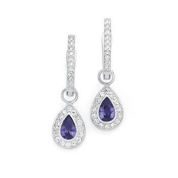 Silver Purple & White Cubic Zirconia Pear Fancy Drop Earrings