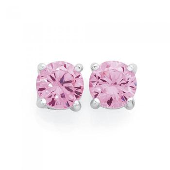 Silver 6mm Pink Cubic Zirconia Claw Set Stud Earrings