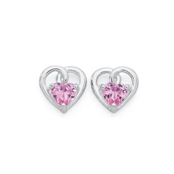Silver Pink Cubic Zirconia Open Heart Stud Earrings