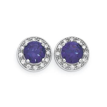 Silver Purple Cubic Zirconia Round Cluster Stud Earrings