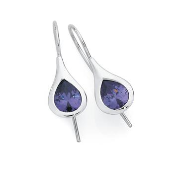 Silver Purple Cubic Zirconia Teardrop Hook Earrings