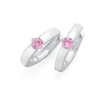 Silver Pink Cubic Zirconia Huggie Earrings