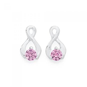Silver Small Pink Cubic Zirconia Loop Stud Earrings