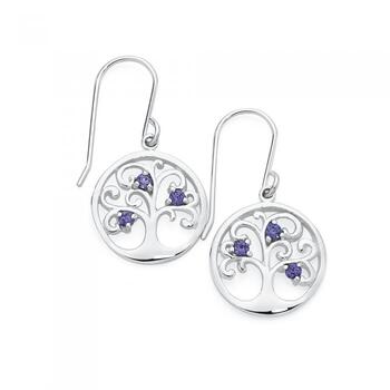 Silver Violet CZ Tree Of Life Hook Earrings