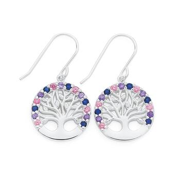 Silver Multi Colour Cubic Zirconia Round Tree of Life Hook Earrings