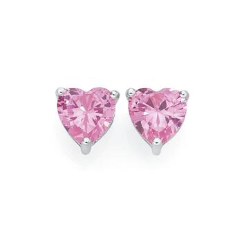 Silver Pink CZ Heart Stud Earrings