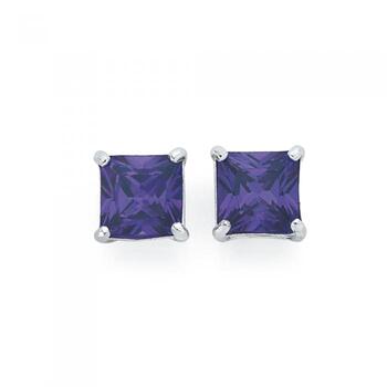 Silver 6mm Purple CZ Square Stud Earrings