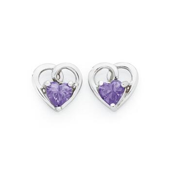 Silver Purple Cubic Zirconia Open Heart Stud Earrings