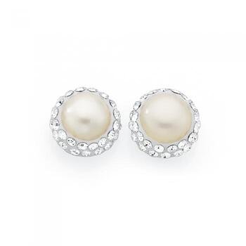 Silver Fresh Water Pearl & Crystal Cluster Stud Earrings