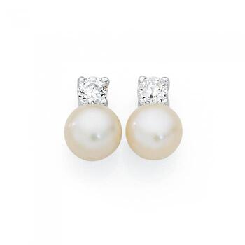 Sterling Silver Fresh Water Pearl With Small Cubic Zirconia Stud Earrings