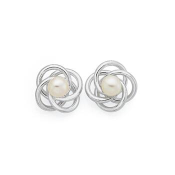 Silver Simulated Pearl Knot Stud Earrings