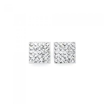 Silver Large Crystal Square Stud Earrings