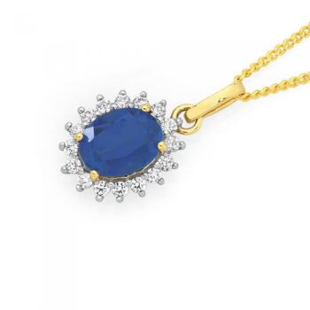9ct Gold Created Sapphire & CZ Oval Pendant