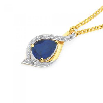 9ct Gold Created Sapphire & Diamond Pendant