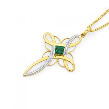9ct Gold Created Emerald & Diamond Cross
