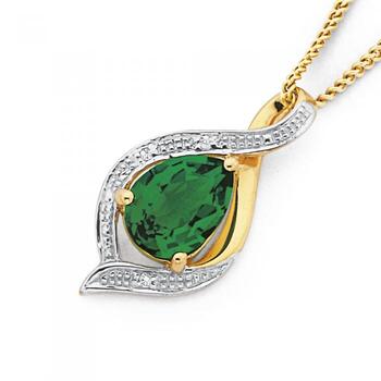 9ct Gold Created Emerald & Diamond Pear Pendant