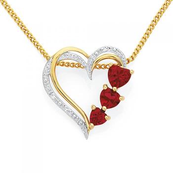 9ct Gold Created Ruby & Diamond Heart Pendant