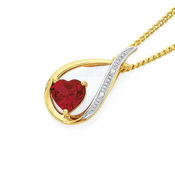 9ct Gold Created Ruby & Diamond Heart in Loop Pendant