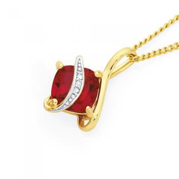 9ct Gold Created Ruby & Diamond Cushion Pendant