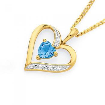 9ct Gold Blue Topaz & Diamond Heart Pendant