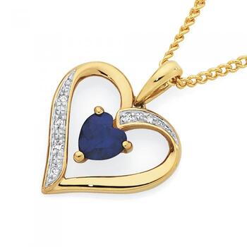 9ct Gold Created Sapphire & Diamond Heart Pendant