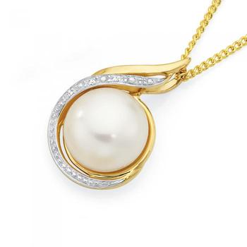 9ct Gold Cultured Fresh Water Pearl & Diamond Swirl Pendant