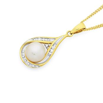 9ct Gold Cultured Fresh Water Pearl & Diamond Teardrop Pendant