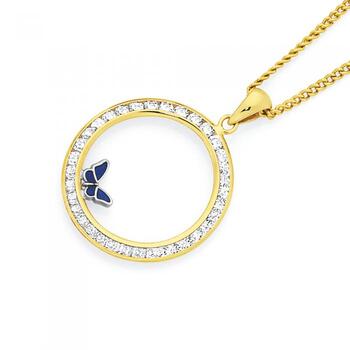 9ct Gold CZ Circle with Enamel Butterfly Pendant