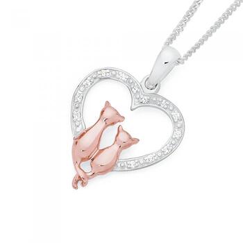 Silver & Rose Plate Two Cats In CZ Heart Pendant